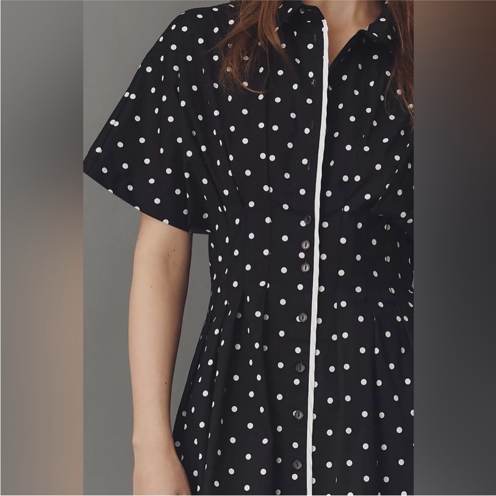 Anthropologie Black Polka Dot Midi Dress with White Trim - Picture 5 of 10
